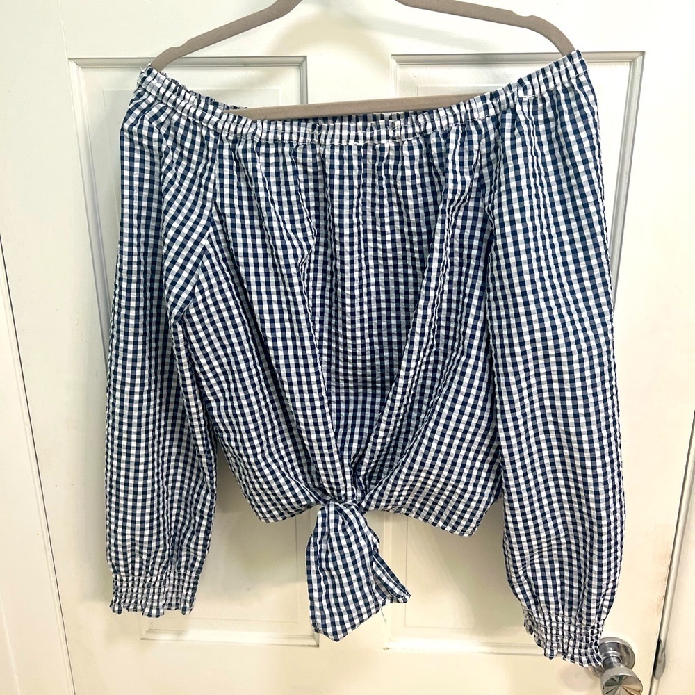 Sanctuary Navy and White Gingham Off-Shoulder Top
